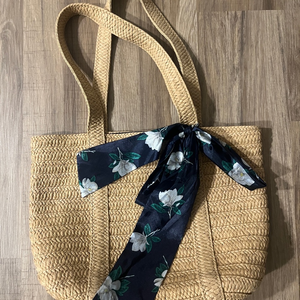 Draper James Tan Woven Tote with Navy Floral Scarf